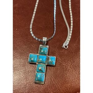 925 Sterling Silver Turquoise Cross Pendant‎ Necklace, 10KT gold Chain, 26 Inch